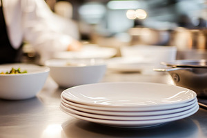 Modern kitchen with dishes in michelin star restaurant, a Photo by AlyaAnd
