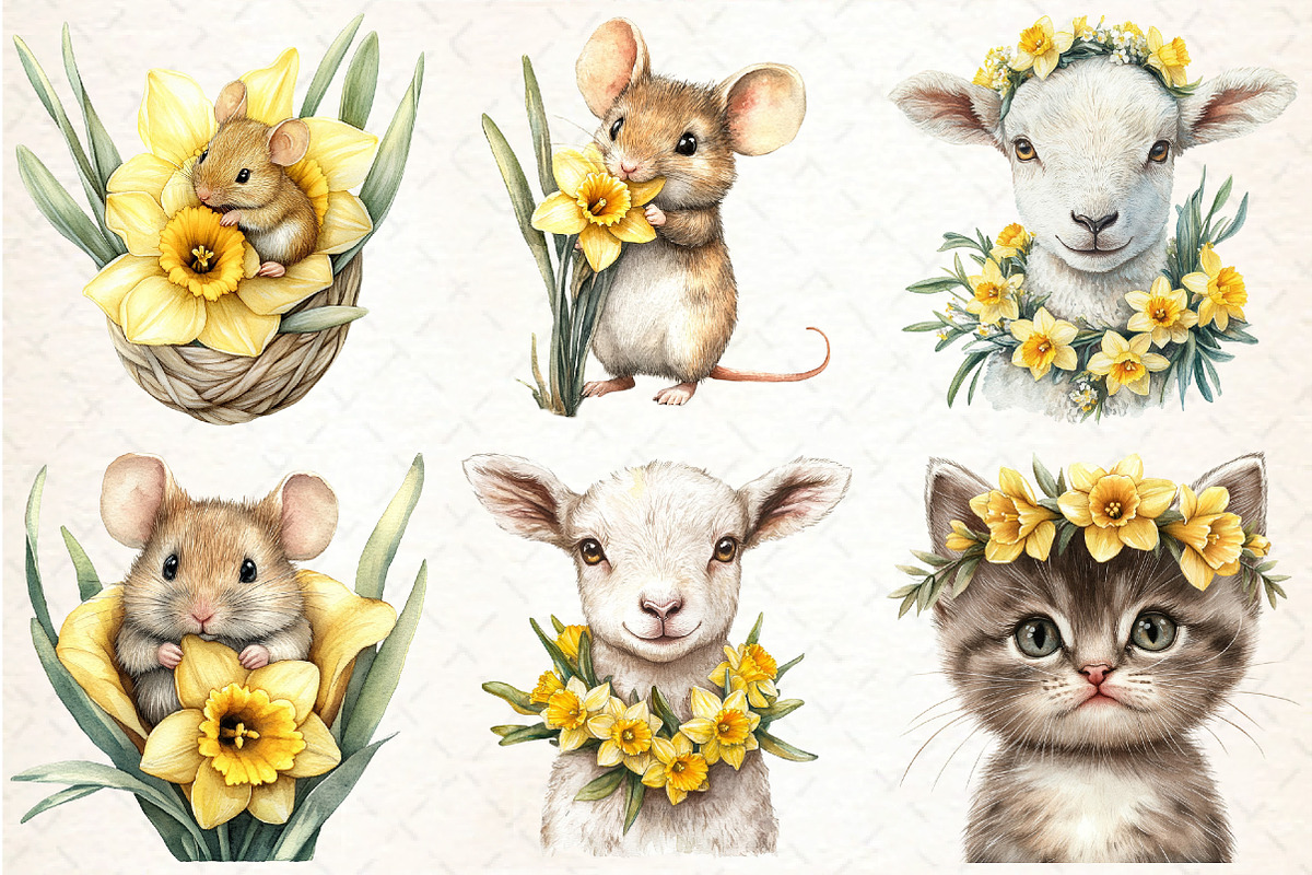 Cute Animals with Daffodils Flowers, an Illustration by DreamCafeArt (Photo 4 of 7)