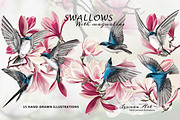 Swallows with magnolias Clipart Set, a Seasonal Illustration by Leonaa art (Thumbnail 6 of 11)