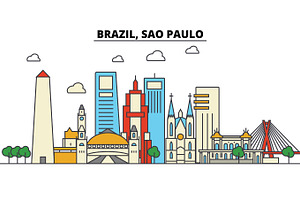 Brazil, Sao Paulo. City Skyline: Architecture, Buildings, Streets, Silhouette, Landscape, Panorama, Landmarks. Editable Strokes. Flat Design Line Vect