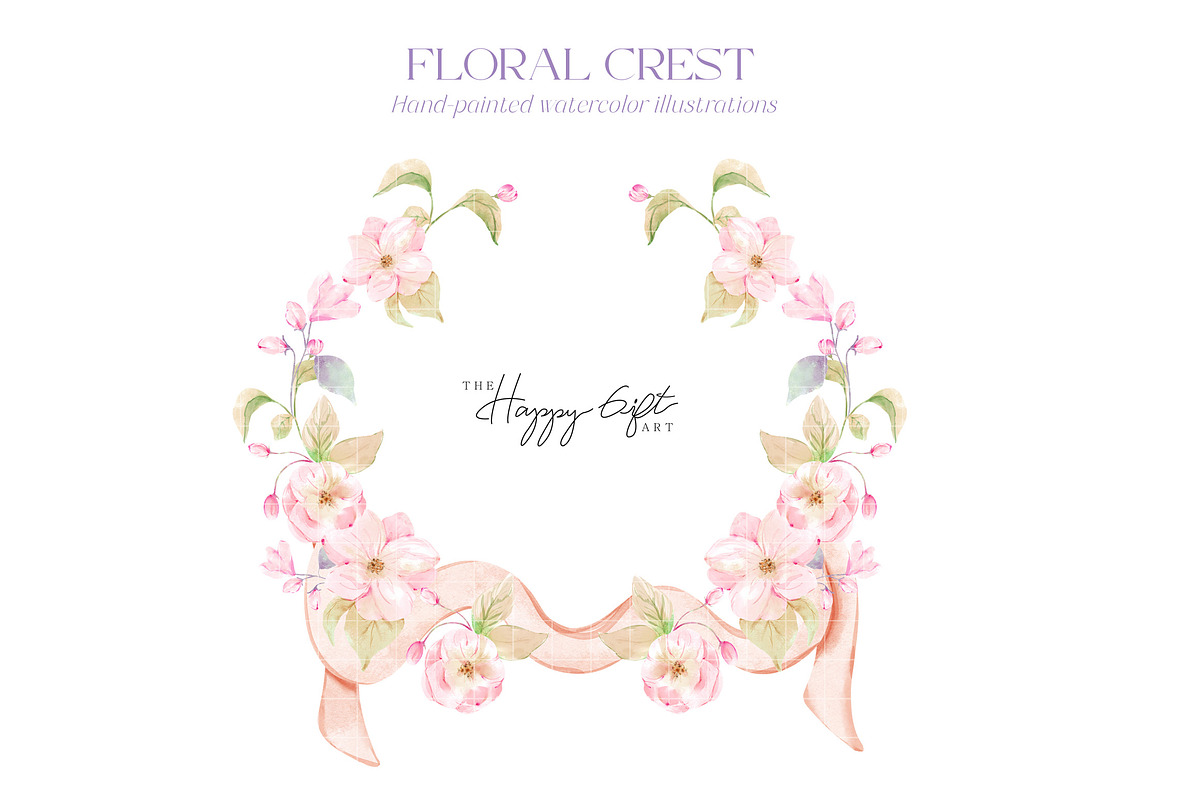 Watercolor floral crest illustration, an Illustration by TheHappyGiftArt