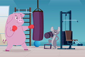 Sport gym. pig and mouse cartoon, an Animal Illustration by Onyx