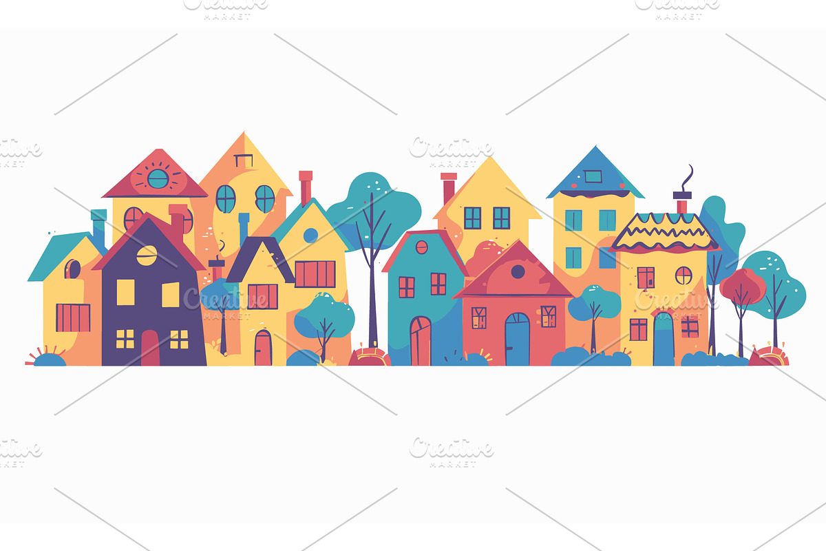 Colorful stylized houses lined up, an Object Illustration by Vectorstockersland