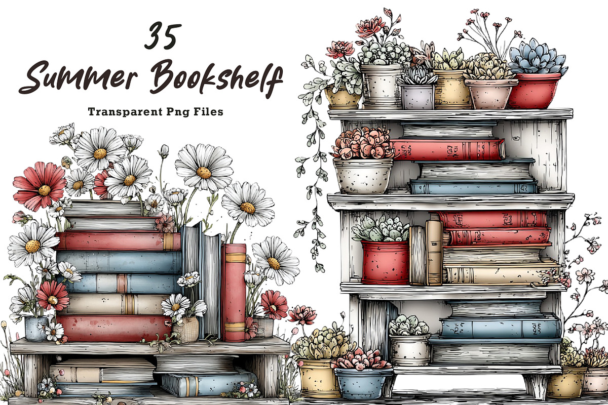 Summer Bookshelf Clipart, an Illustration by CreationArt (Photo 1 of 7)