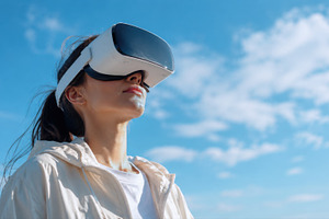 Woman wears VR headset in clear sky, a Photo by Beautiful things