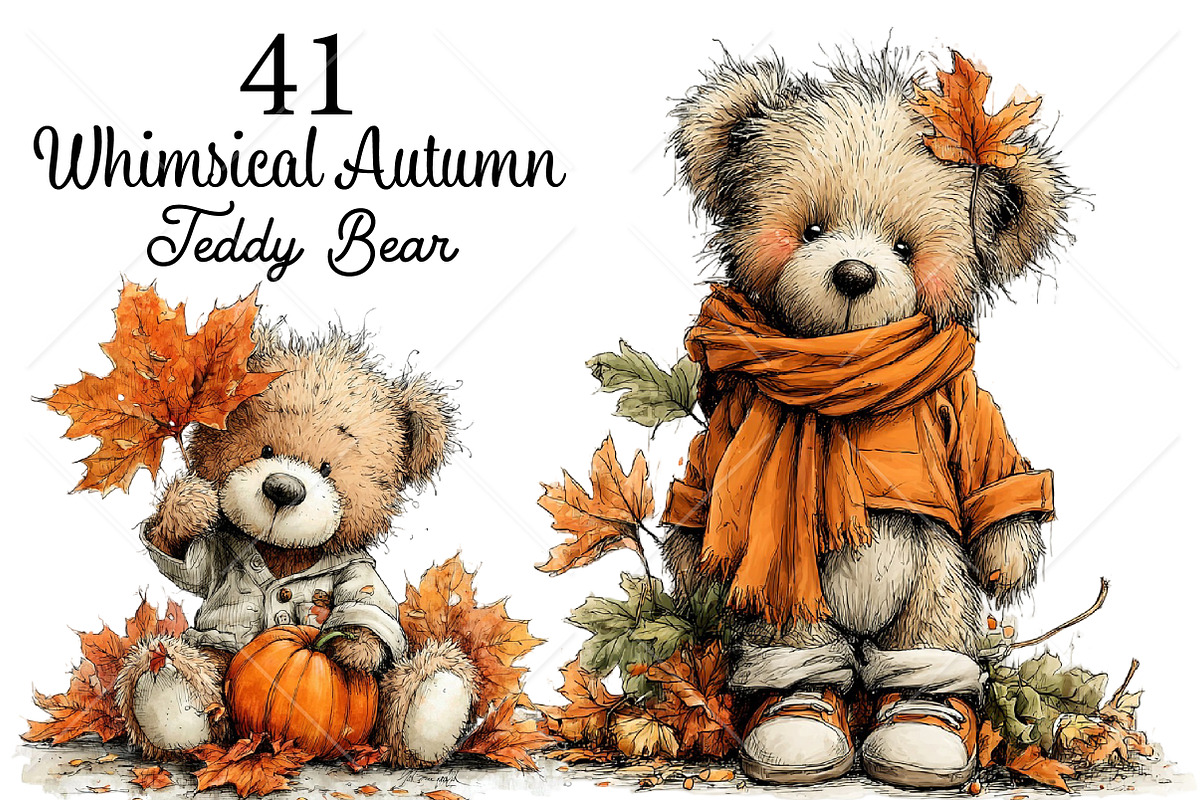 Whimsical Autumn Teddy Bear Clipart, a Seasonal Illustration by Canvas Craft (Photo 1 of 10)