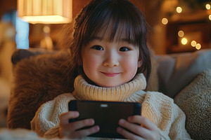 A cheerful young Asian girl warmly smiles while holding a smartphone in a cozy, a Person Photo by ImageMir