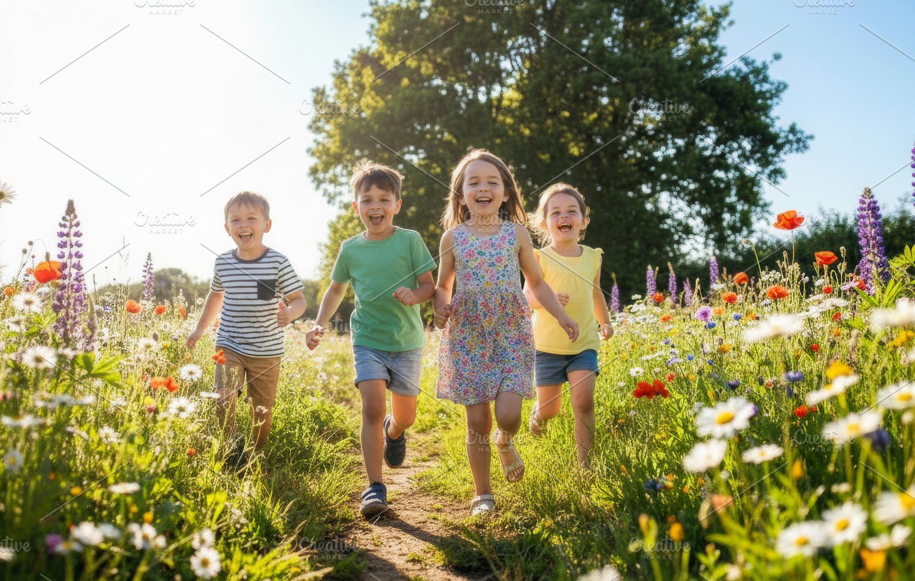 Happy Children Running Through Wildflower Meadow, a Sports & Recreation Photo by Davizro's Market