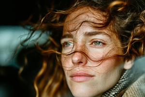Close up of a woman with wind-swept hair looking thoughtful, a Photo by AS photostudio