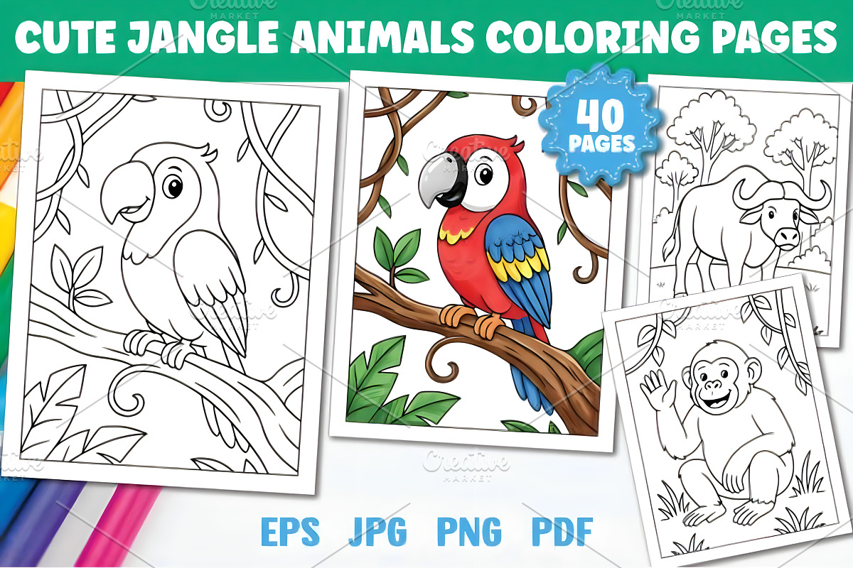 Cute Jungle Animals Coloring Pages, an Animal Illustration by Ink Gallery (Photo 1 of 7)