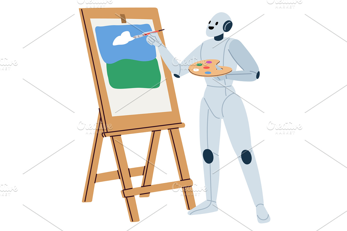 Robot paints picture on white canvas, a Technology Illustration by Vectorbuum
