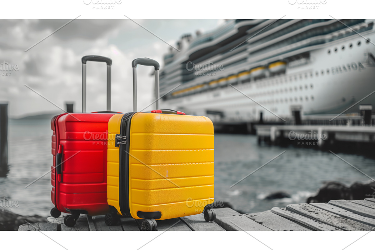 Two colorful suitcases on a dock, an Illustration by Sergey Kotenev