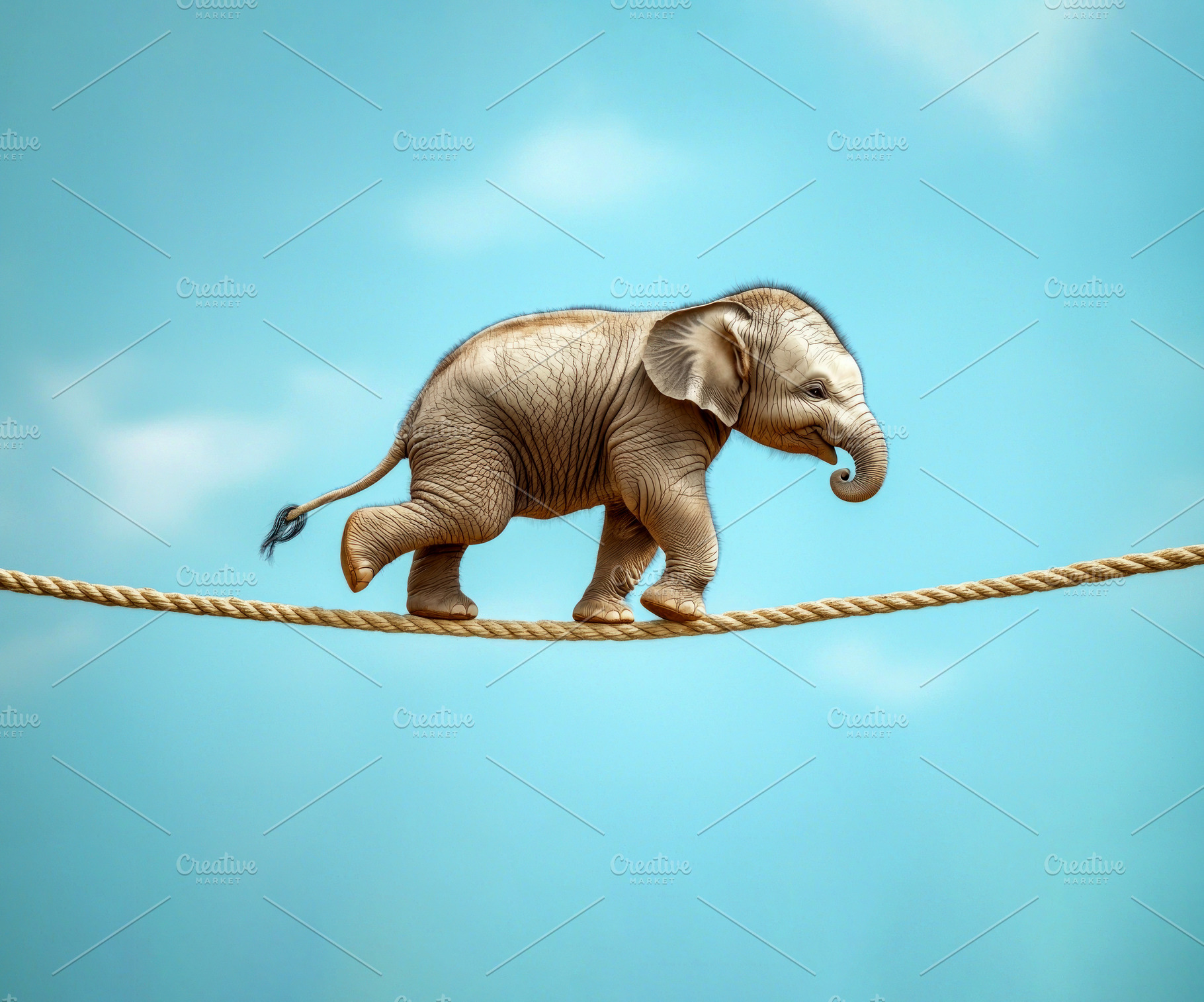 Baby elephant balancing on a rope against blue sky in surreal wh, an Animal Photo by José Manuel Gelpi