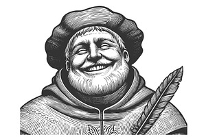 smiling monk with quill pen, an Illustration by AlexArt