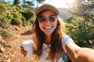 Enjoying nature while taking selfies on a sunny hiking trail with coffee in han, a Person Photo by AlyaAnd