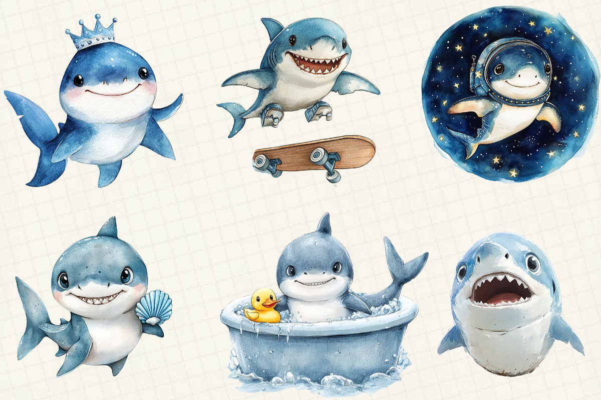 Watercolor Cute Sharks Clipart, an Illustration by OK Design (Photo 5 of 5)