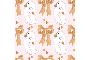 Bows and Goose in love cute seamless, an Animal Illustration by Toltemara