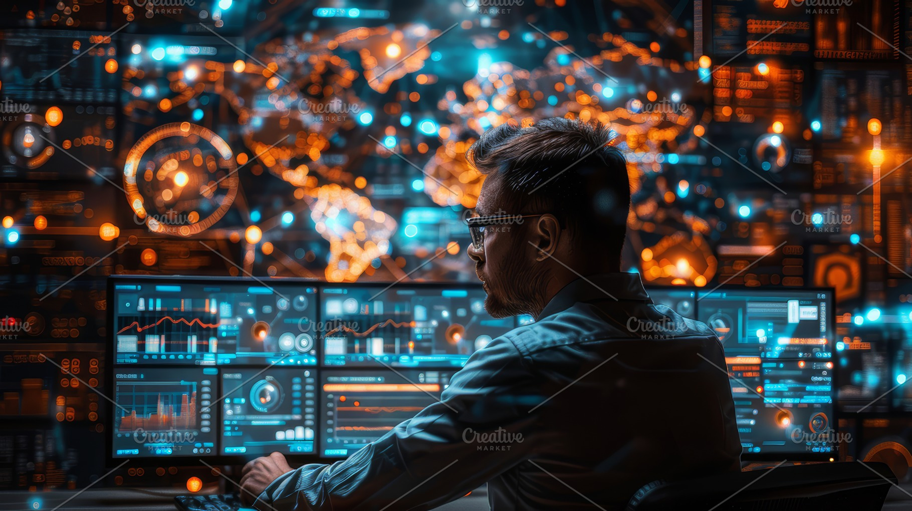 Data Scientist Analyzes Big Data on Advanced Interface in Futuristic Setting, a Photo by AS photostudio