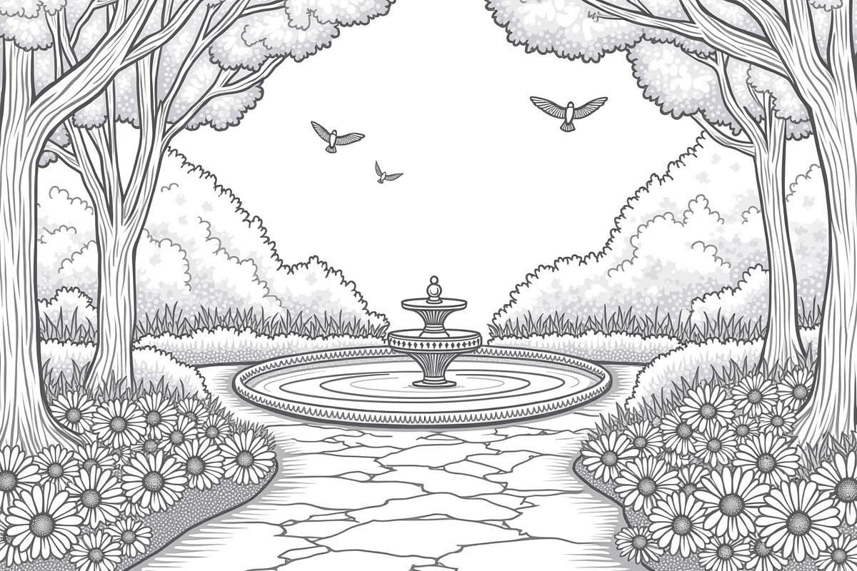 Fountain Garden Park Coloring Pages, an Illustration by Creativeshirt (Photo 5 of 7)