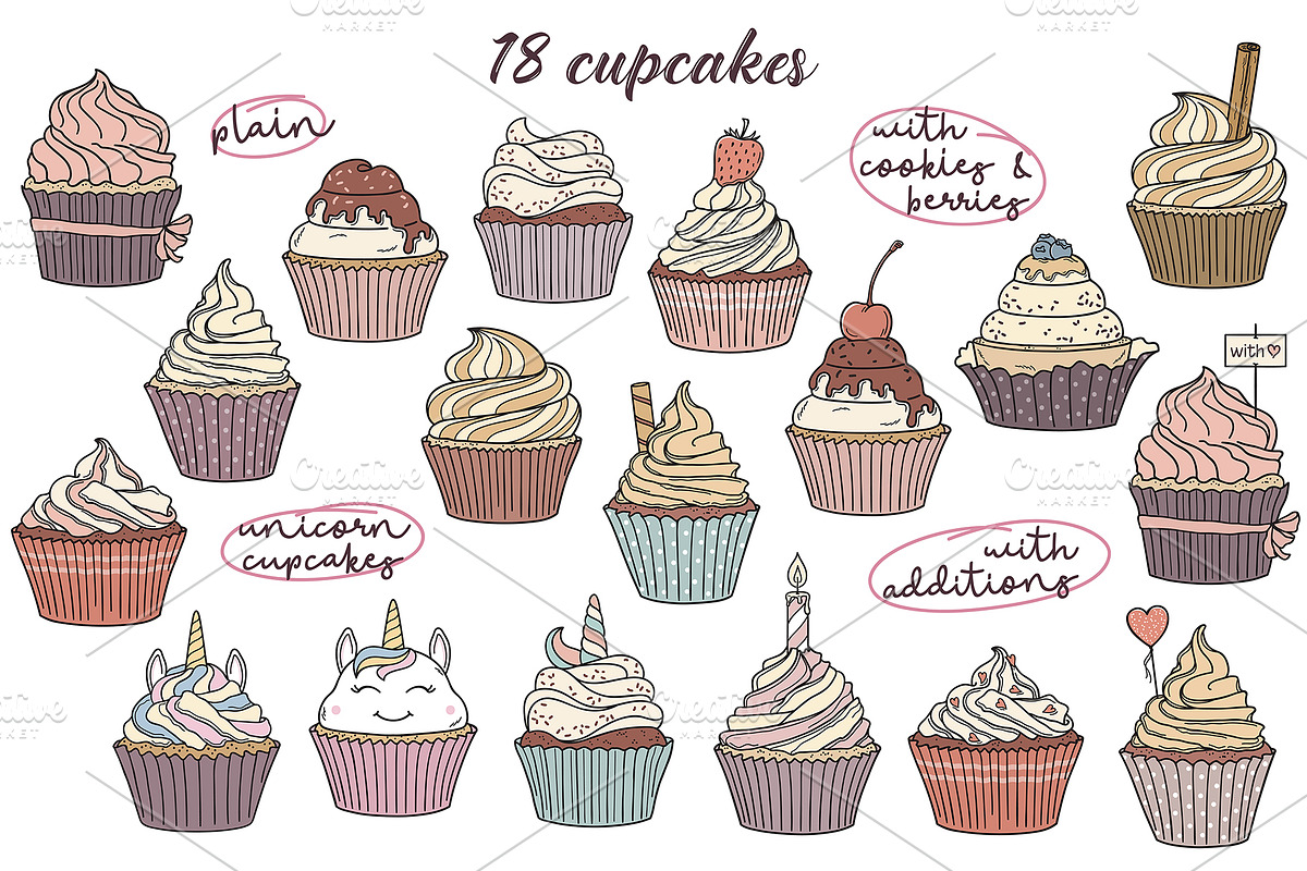 Cupcakes hand drawn vector set, a Graphic by InkySplash (Photo 2 of 7)