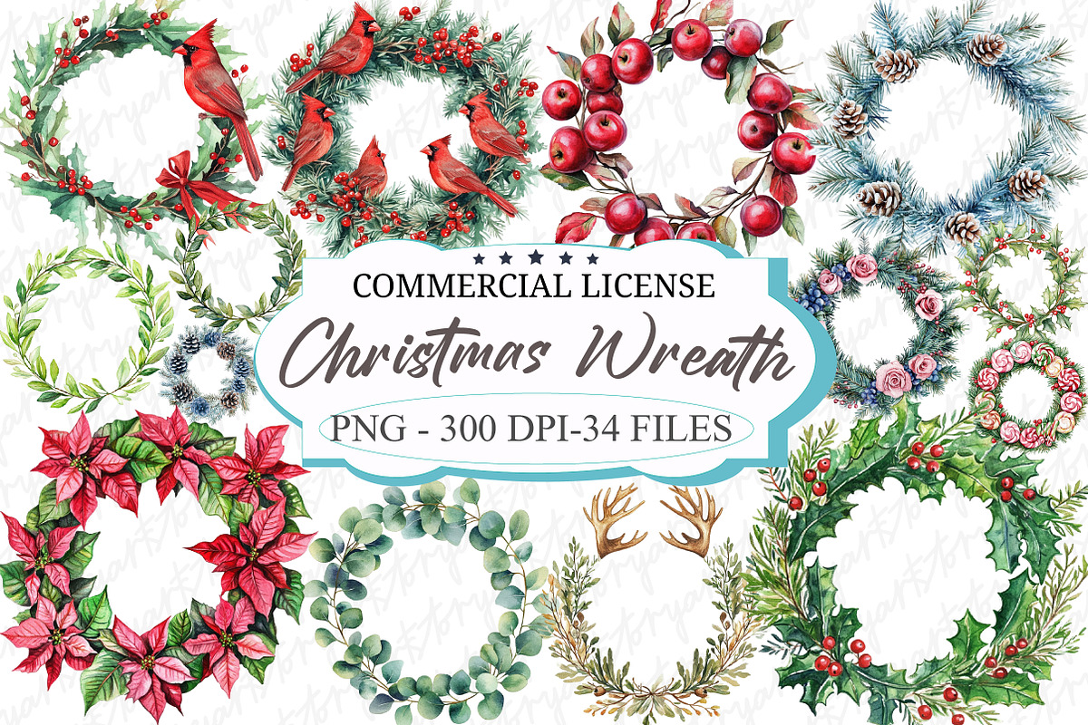 Watercolor Christmas Wreath Clipart, an Illustration by designcity5 (Photo 1 of 5)