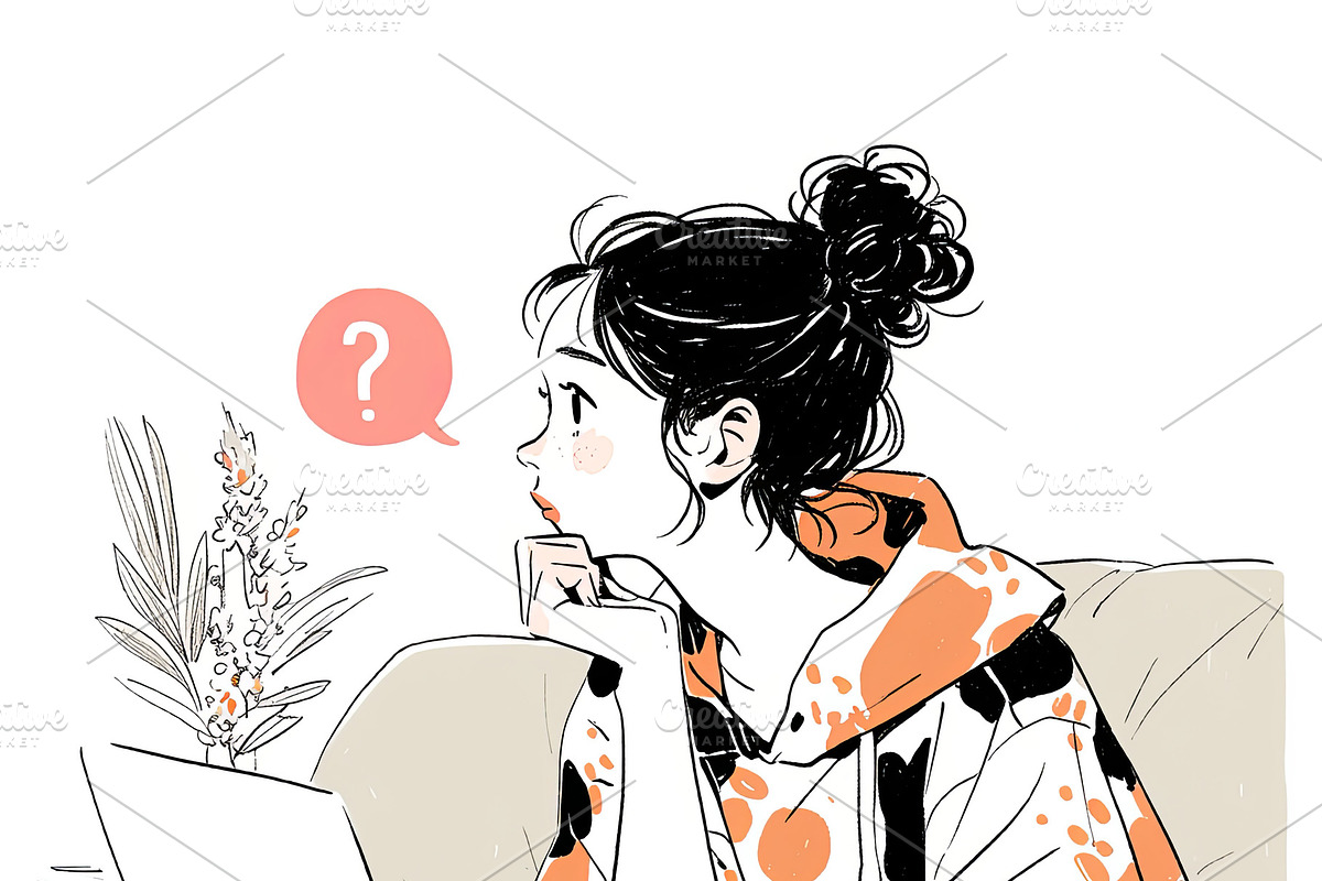 Pensive young woman using laptop while relaxing at home with thoughtful express, an Illustration by AS photostudio