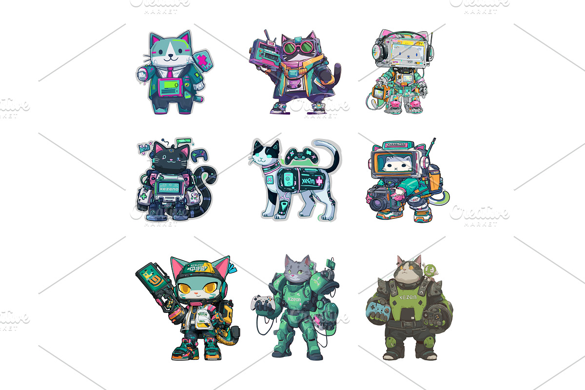 Cyberpunk cats cartoon vector set, an Animal Illustration by Onyx