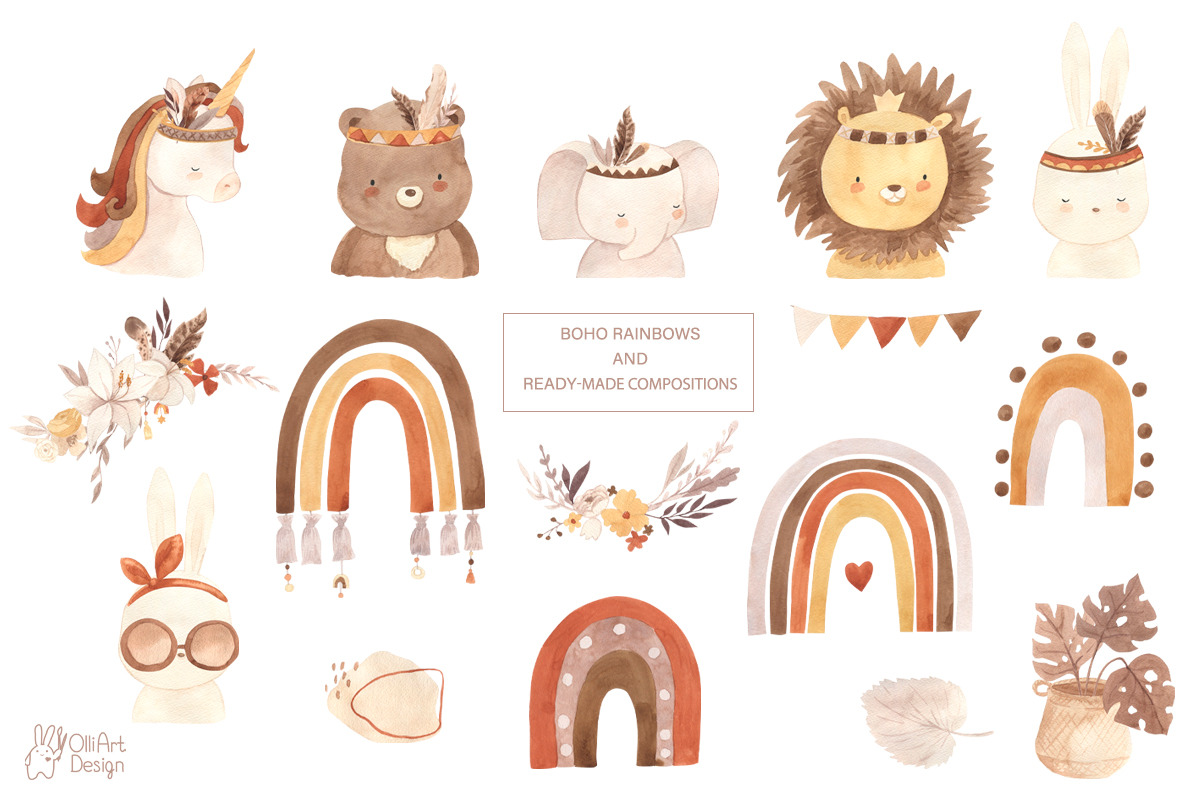 BOHO NURSERY clipart. Watercolor, an Animal Illustration by OlliArtDesign (Photo 2 of 11)