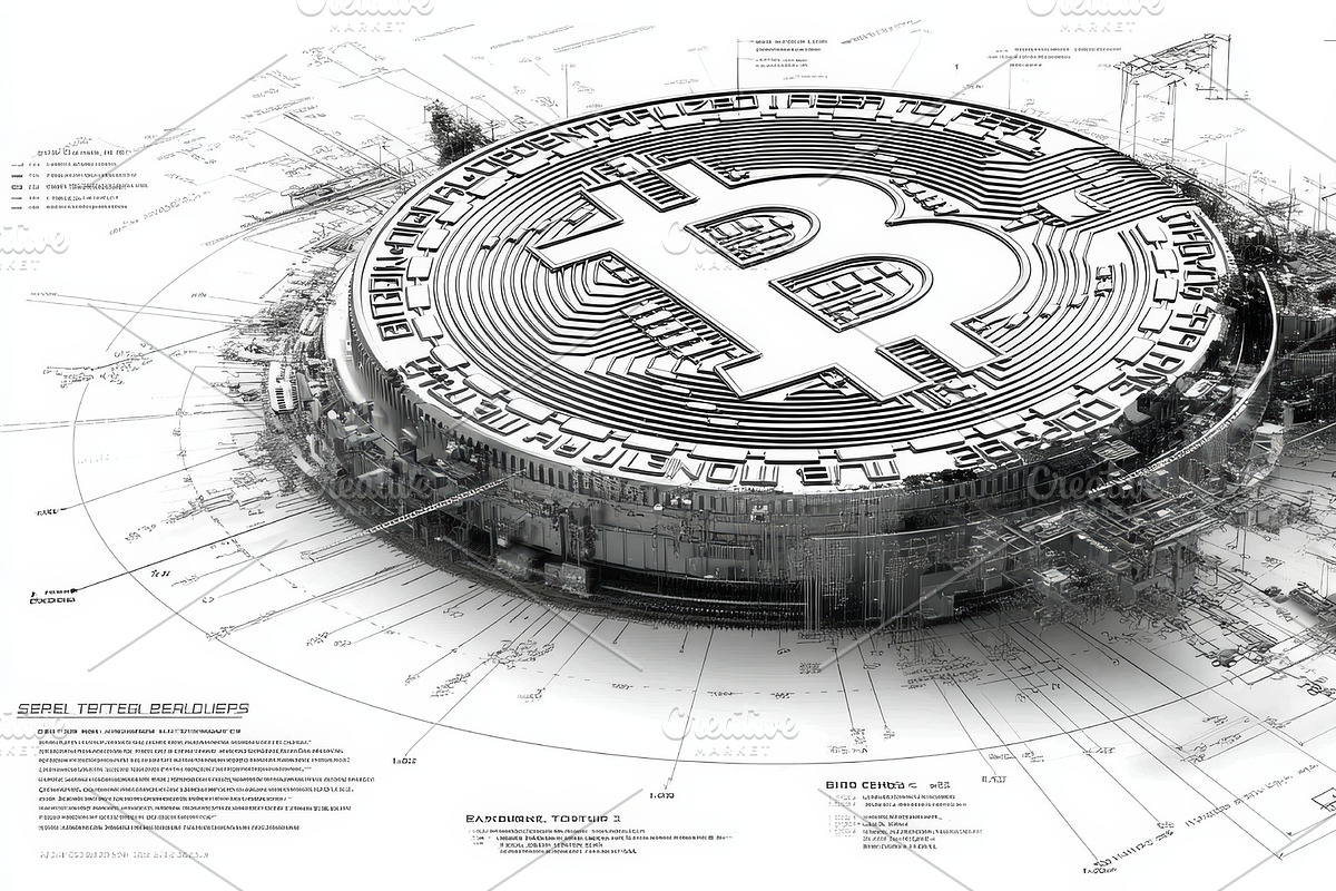 Detailed architectural blueprint of a Bitcoin logo with technological elements, an Illustration by AS photostudio