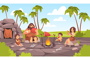Primitive family having lunch. Stone, an Animal Illustration by YummyBuum