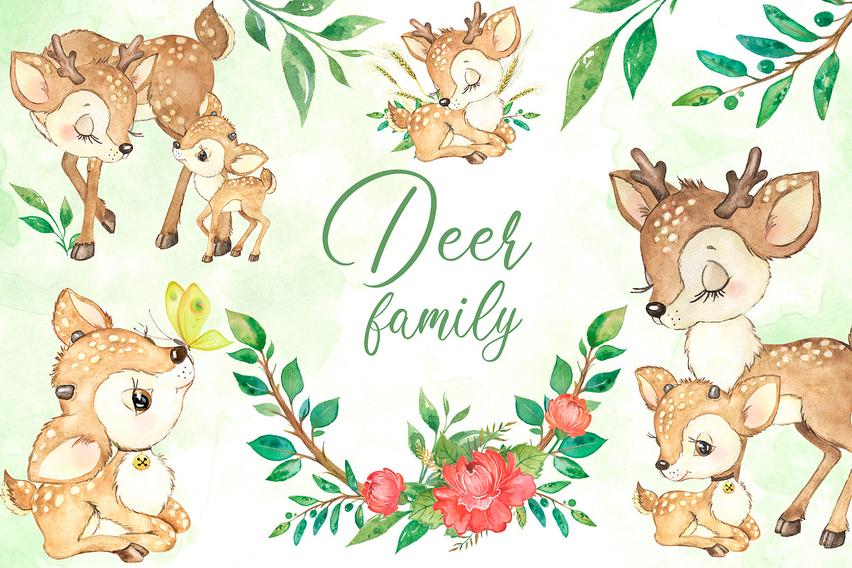 Deer family watercolor clipart., an Animal Illustration by SavinV (Photo 1 of 6)