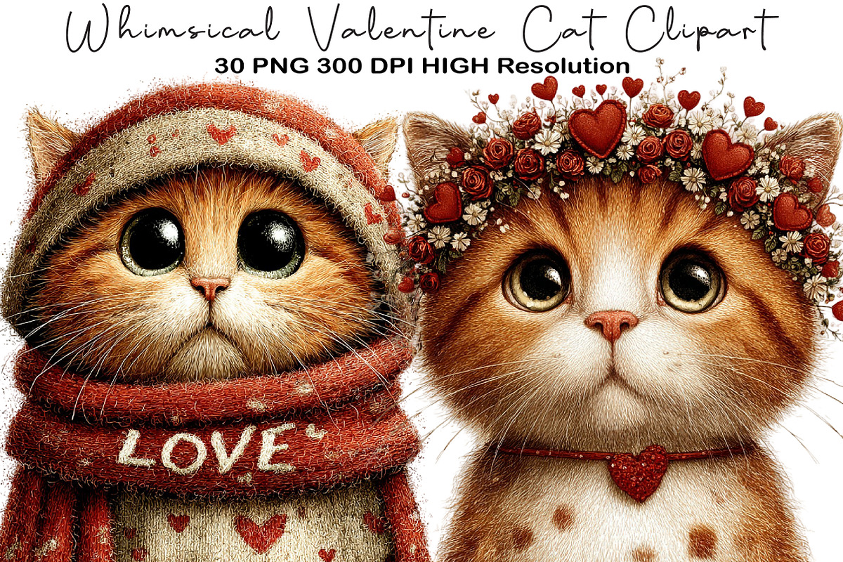 Whimsical Valentine Cat Clipart, an Illustration by Black Bird Studio (Photo 1 of 6)