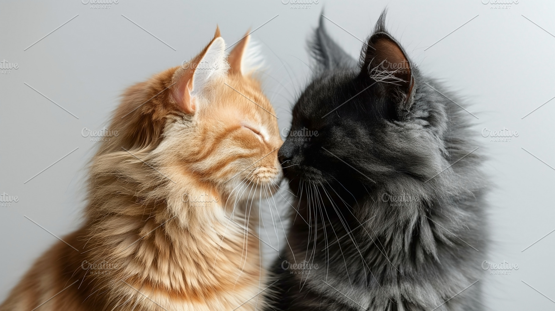 Two adorable cats, one orange and fluffy, the other black and fluffy, gently to, an Animal Photo by ImageMir