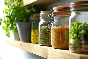 Jars of grains and herbs on wooden, a Food & Drink Photo by Lermont51