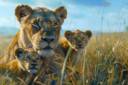 Big female lion with lion cub in savannah, an Animal Photo by AlyaAnd