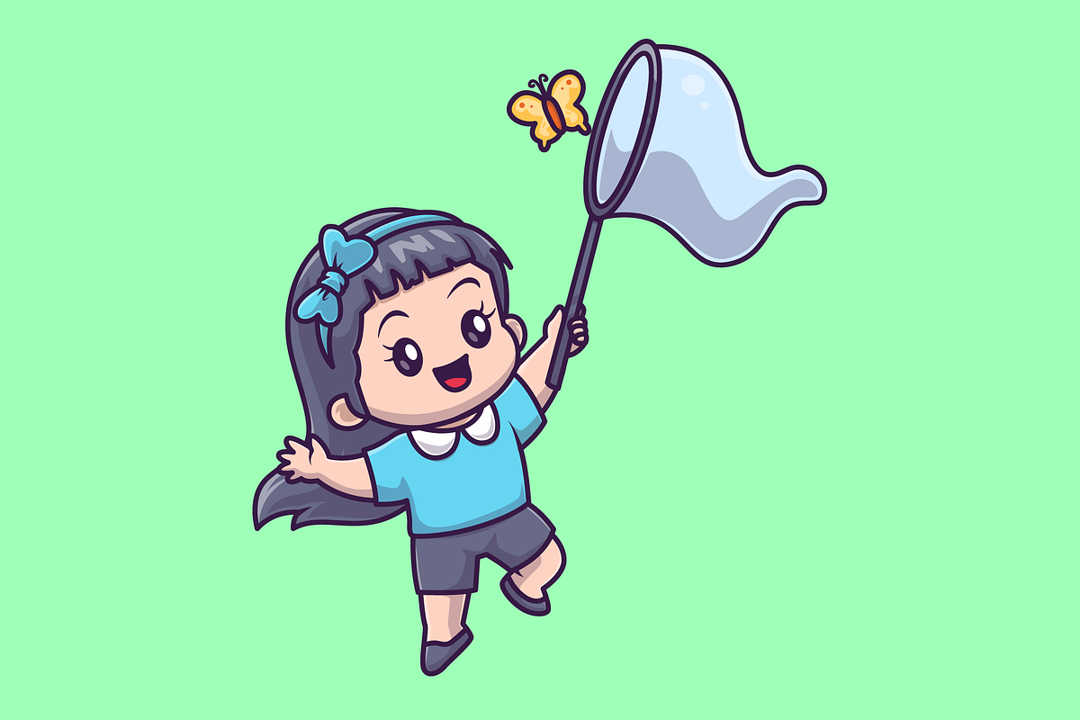 Cute Girl Catching Butterfly Cartoon, a Person Illustration by Catalyst Labs