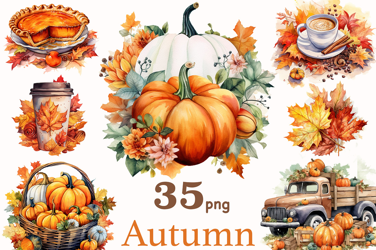 Watercolor Autumn Clipart PNG, a Food Illustration by GlamArtZhanna (Photo 1 of 5)