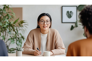 Asian businesswoman in an office, a Business Photo by Sergey Kotenev