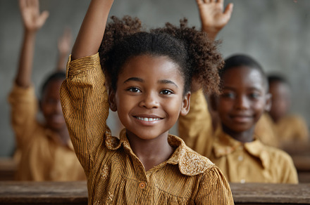 Smiling black student raises hand in classroom setting