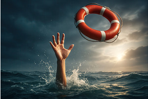 A hand reaches out of the ocean, an Illustration by Sergey Kotenev