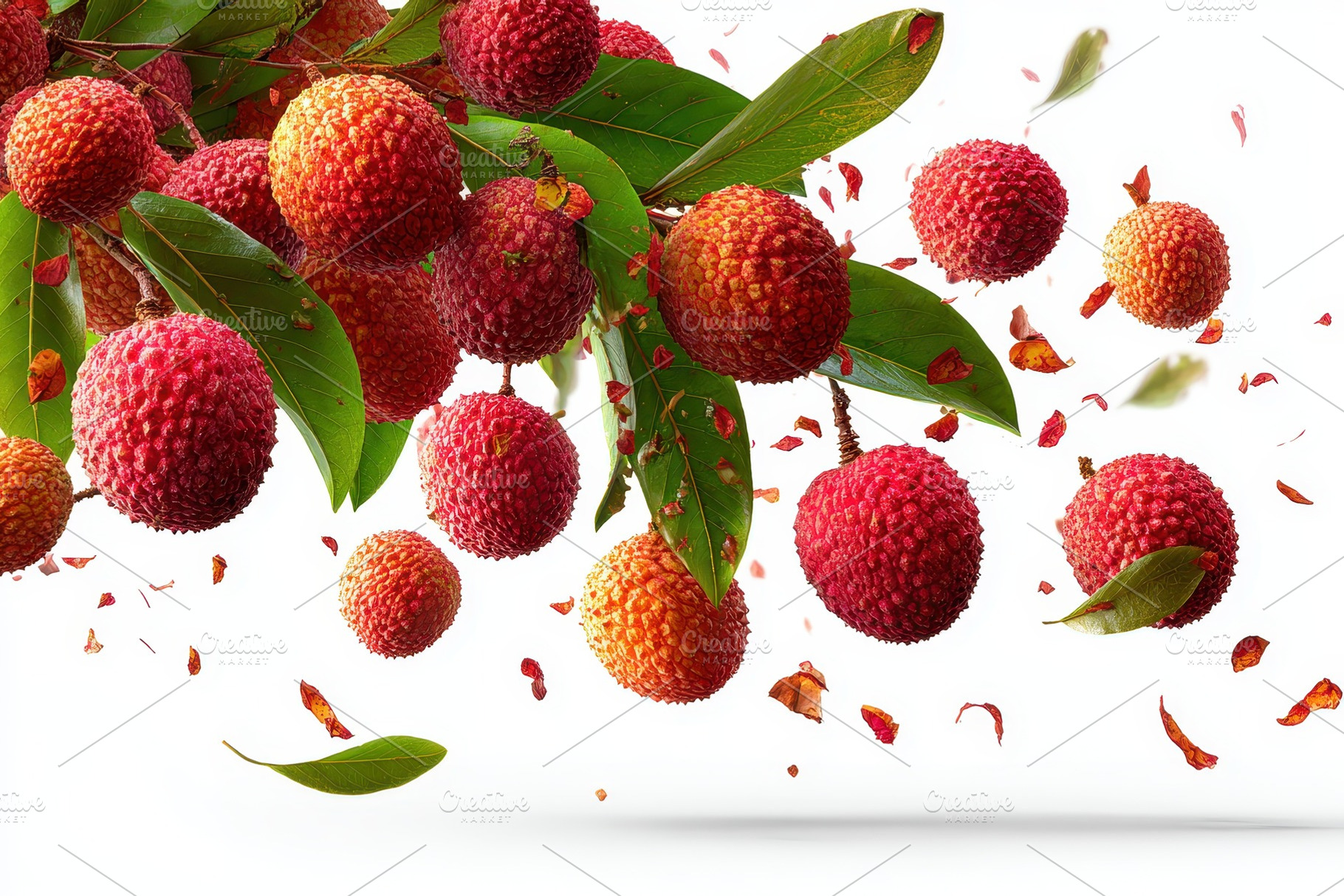 Lychees falling from a branch vibran, a Photo by Pixeness Studio