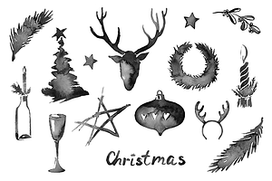 Christmas watercolor stains-icon set