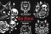 10 Bundle Dark Art Cat Floral Rose, an Illustration by Morspective (Thumbnail 1 of 7)
