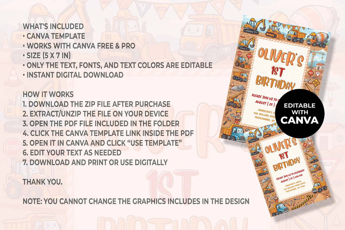 Construction 1st Birthday Invitation, an Invitation Template by M9 Design (Photo 4 of 4)