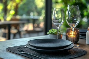 Elegant black dinnerware set on a rustic table, complemented by crystal glasses, a Background Photo by ImageMir