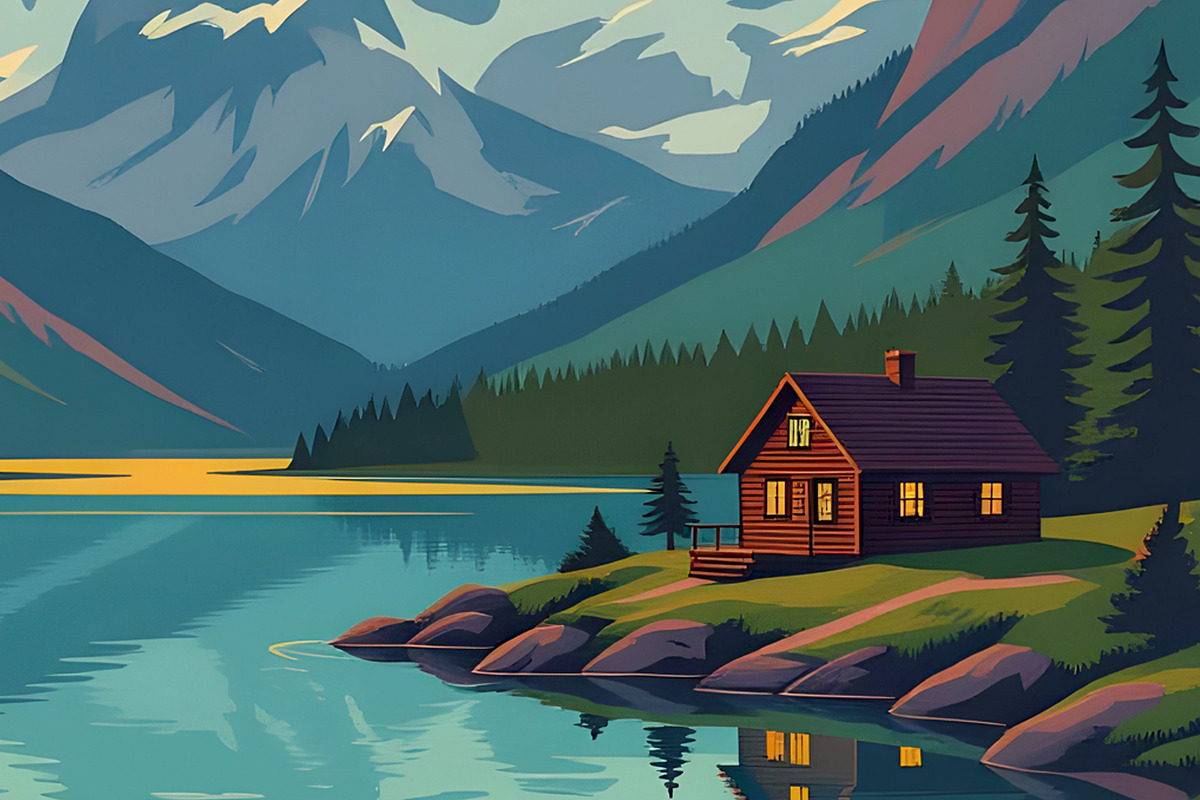 Vintage Poster Cabin By a Lake, a Decorative Illustration by Sharon Schwalbe (Photo 6 of 6)