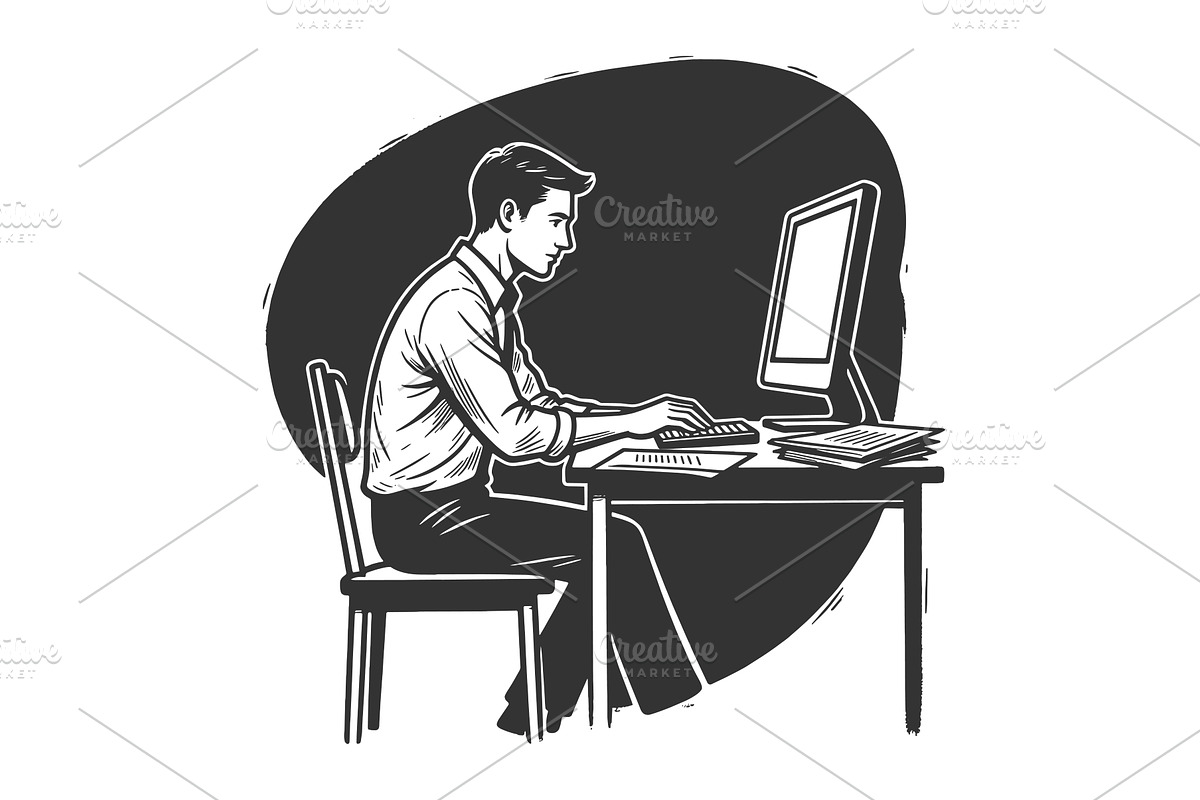 Man Working at Desktop Computer, a Person Illustration by AlexArt