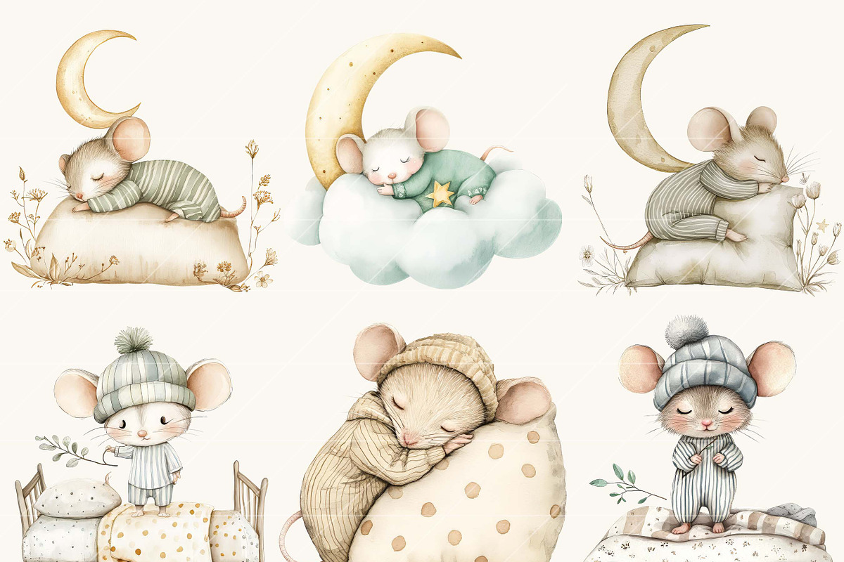 Watercolor Sleeping Mice Clipart, an Animal Illustration by SparkyDesignsUS (Photo 2 of 9)