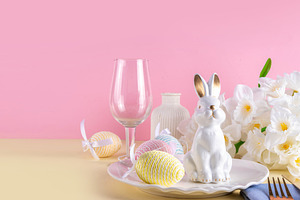 Cute Easter table setting with bunny, Easter egg, napkin and sp, a Holiday Photo by Rimma