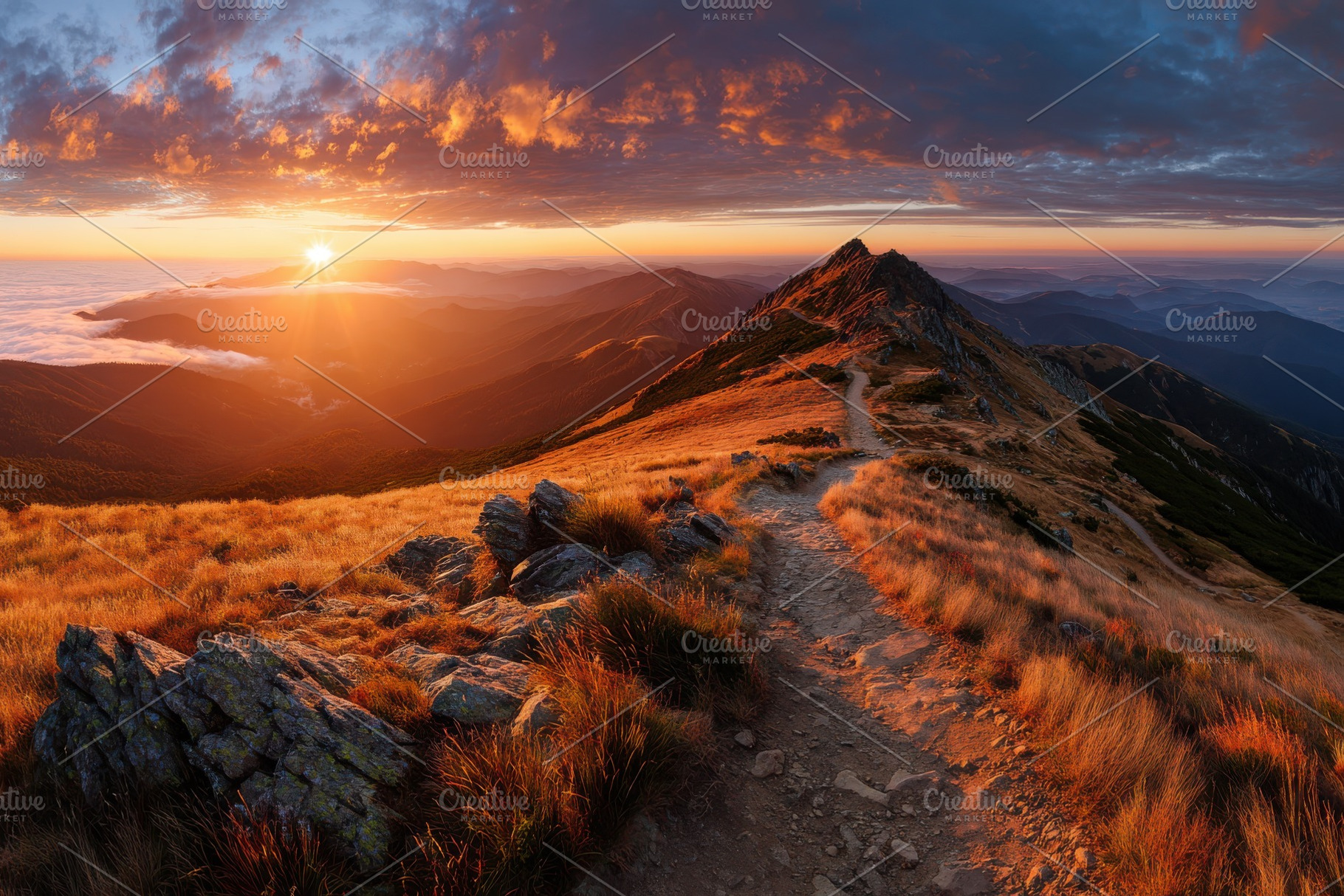 Majestic Sunrise Mountain Path Sceni, a Photo by Pixeness Studio